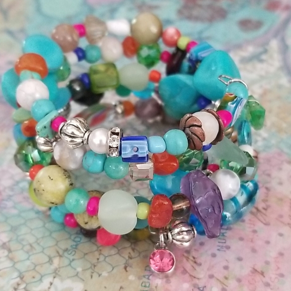 NWT Hand Crafted Semi Precious  Stone Glass Vintage Bead Wrap Bracelet - Picture 7 of 16